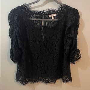 Joie medium lace cinch sleeve sheer eyelet blouse overlay black